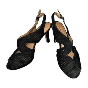 Clarks Artisan Wessex Shay Pump Black Suede Laser Cut Peep‎ Toe Heel Womens 7